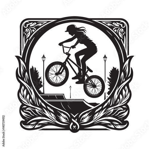 Dynamic bmx rider silhouette performing aerial trick at urban skatepark framed art