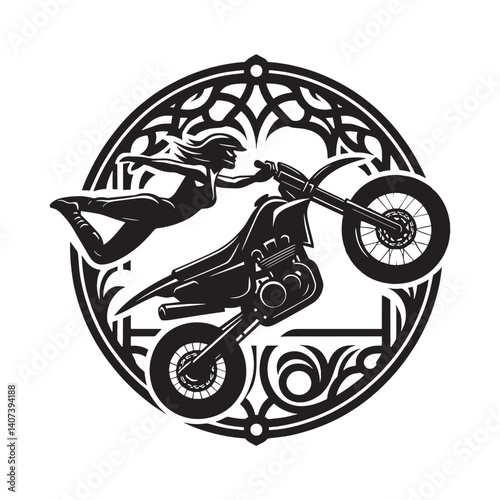 Dynamic motorcycle stunt silhouette inside an ornamental circle frame