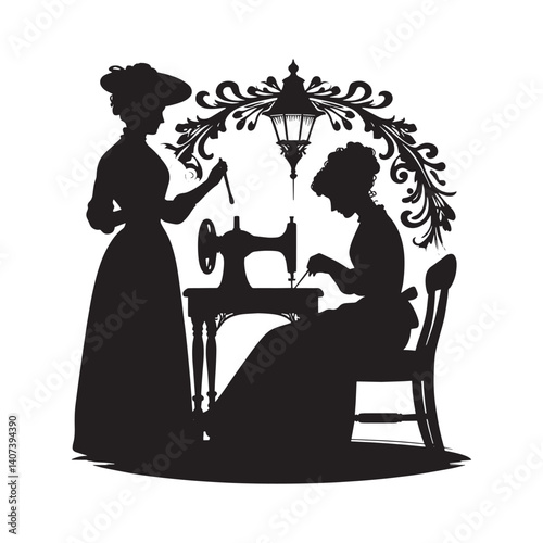 Elegance in Silhouette Two Women Crafting with Sewing Machine and Victorian Embellishments