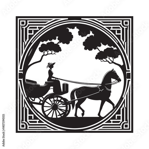 Elegant art deco illustration of a woman on a horsedrawn carriage ride