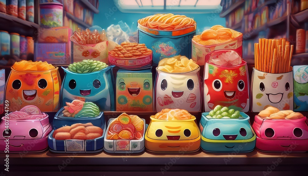 Explosive Energy A Dazzling Display of French AnimeInspired Snacks against a Backdrop of Bold Packaging Designs, Showcasing Colors and Textures that Pop, Perfectly Capturing the Excitement of a