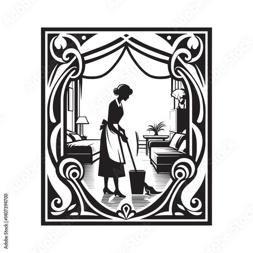 Elegant Art Nouveau Illustration of Hotel Housekeeping Scene in Monochrome