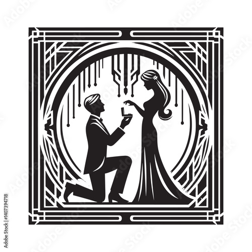 Elegant art deco styled wedding proposal silhouette in monochrome format