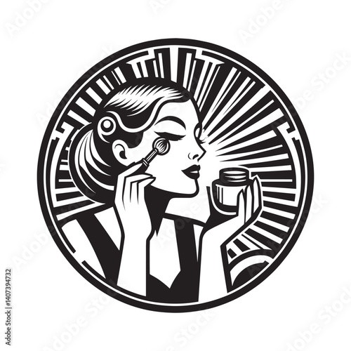 Elegant art deco style illustration of woman applying eye cream product