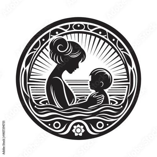 Elegant art nouveau inspired illustration of maternal love and care depiction