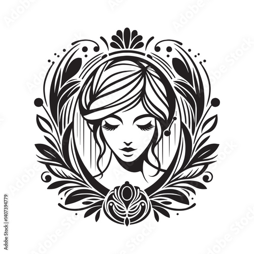 Elegant art nouveau portrait featuring a woman surrounded by stylized foliage