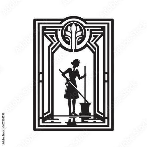 Elegant artdeco design showcasing a woman ensuring cleanliness of a building