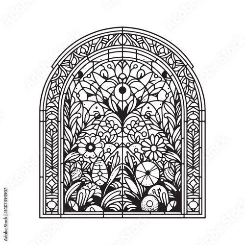Elegant botanical garden design rendered in grayscale, framed in an archway window