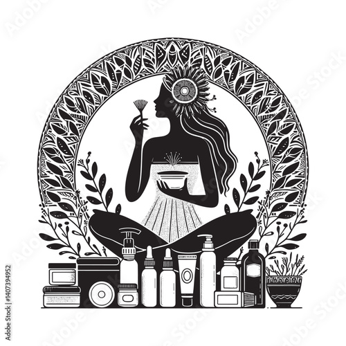 Elegant Bohemian Woman Applying Mascara Amidst Cosmetics and Floral Decor