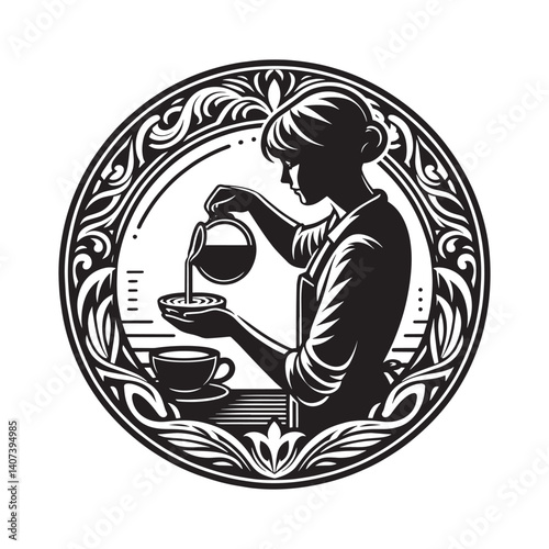 Elegant depiction of a barista pouring coffee with floral border emblem