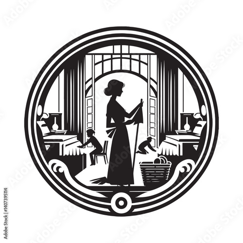 Elegant depiction of domestic tasks in a vintage hotel, art nouveau style