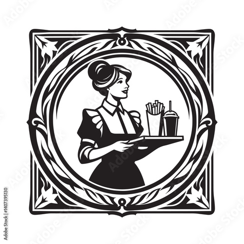 Elegant depiction of fast food service in art nouveau style vector