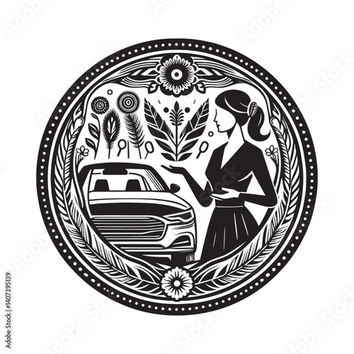 Elegant emblem featuring a car saleswoman presenting a new vehicle design