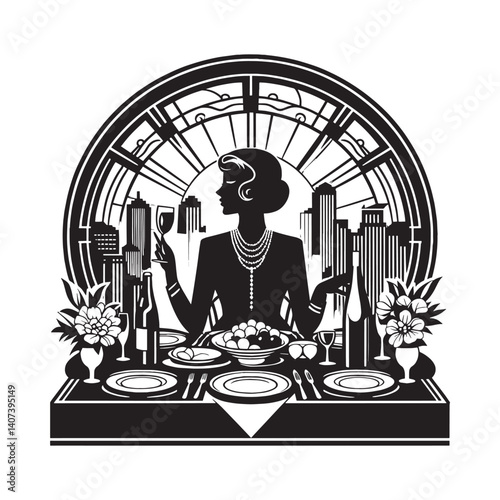 Elegant dining scene with silhouetted woman, city skyline and art deco motifs