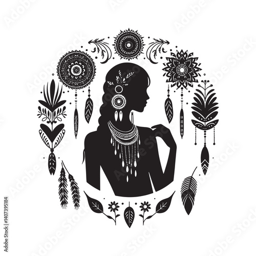 Elegant female silhouette with tribal jewelry and botanical elements design