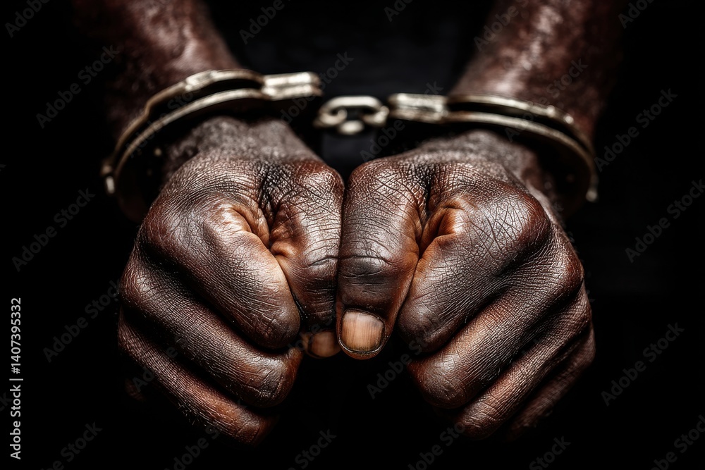 Captured: Close-up of an African American man's hands in handcuffs against a dark backdrop, symbolizing arrest, crime, justice, and racial disparity. Captured: Close-up of an African American man's hands in handcuffs against a dark backdrop, symbolizing arrest, crime, justice, and racial disparity.