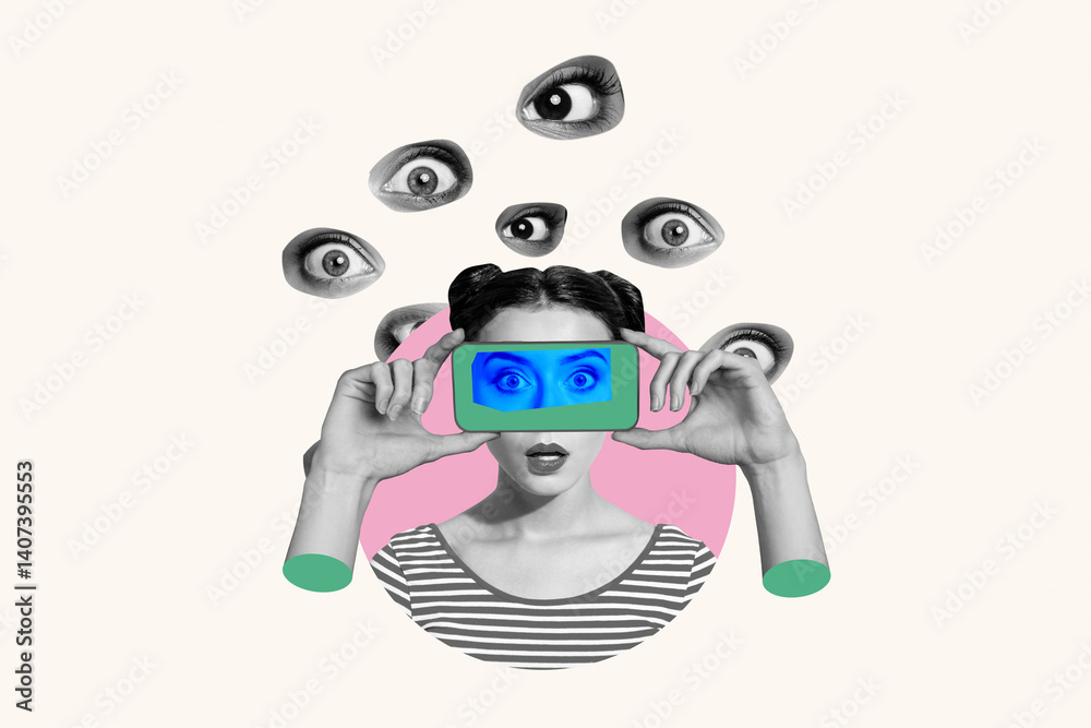 Trend artwork template 3D collage sketch of eye control focus security surveillance search cyberattack lady portrait hand hold smartphone Trend artwork template 3D collage sketch of eye control focus security surveillance search cyberattack lady portrait hand hold smartphone