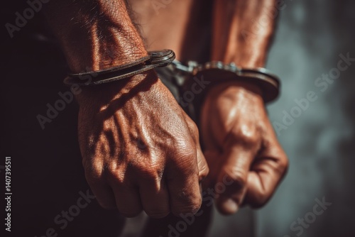 Close-up shot of a man's hands in handcuffs, depicting arrest, crime, or imprisonment, with dramatic lighting emphasizing the texture and detail of the skin and metal.