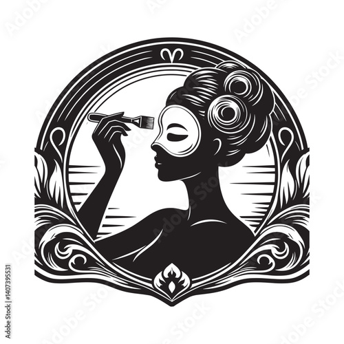 Elegant monochrome depiction of a woman applying a facial mask product