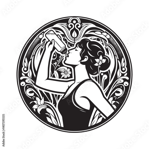 Elegant monochrome artwork of a woman rehydrating after a workout session