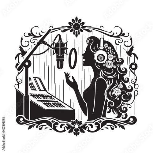 Elegant monochrome design of a woman singing in a music studio