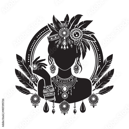 Elegant monochrome portrait of a woman adorned with art deco jewelry