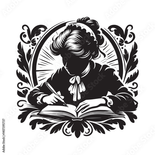 Elegant monochrome illustration woman engrossed in writing journal entries