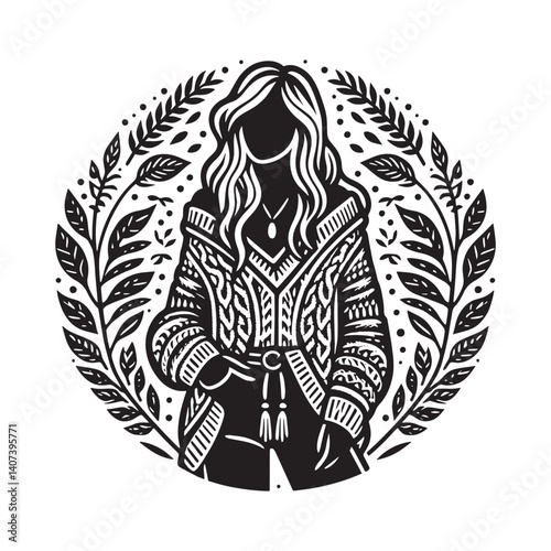 Elegant monochrome silhouette of a woman wearing a patterned sweater