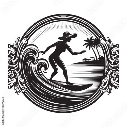 Elegant monochrome surfing silhouette featuring a woman riding ocean waves