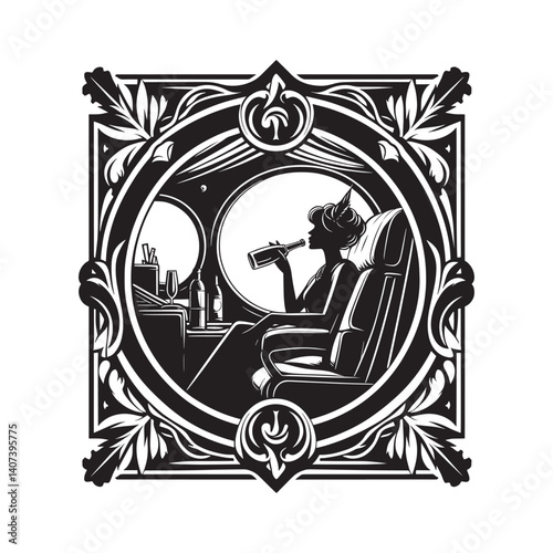 Elegant monochrome silhouette of a woman drinking champagne in a private jet cabin