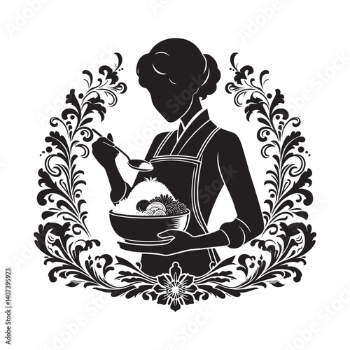 Elegant silhouette art portraying a woman serving bibimbap with flourishes