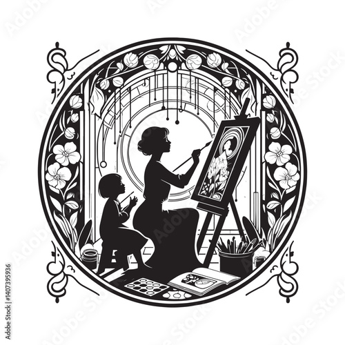 Elegant silhouette art showing a mother and child creating together with paints