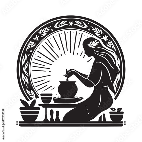 Elegant silhouette artwork depicting a woman crafting pottery with floral motif