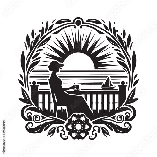 Elegant seaside scene vector illustration in decorative frame element