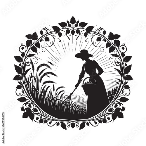 Elegant silhouette artwork of a woman farmer cultivating the land with crops