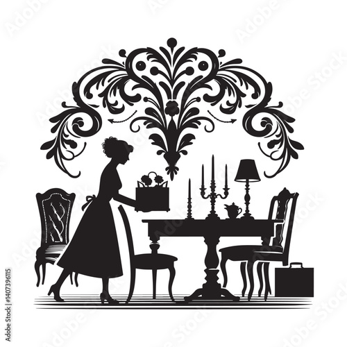Elegant silhouette illustration depicting a woman furnishing an open floor plan