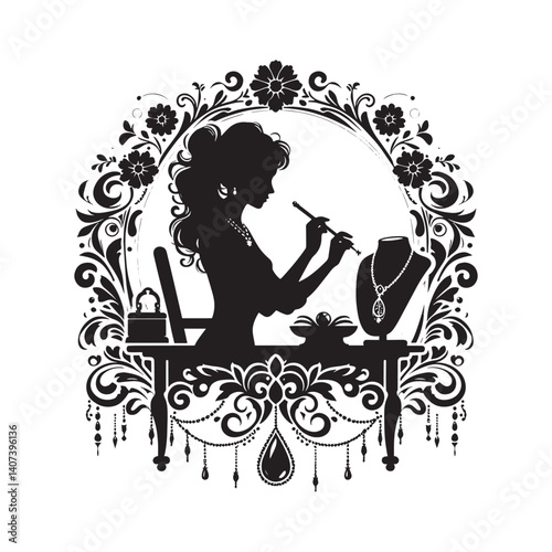 Elegant silhouette illustration of a woman crafting jewelry with floral frame