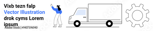 Woman gestures toward truck representing delivery services and gear symbolizing automation. Ideal for logistics, supply chain, automation, ecommerce, transportation, shipping, simple landing page