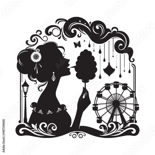 Elegant silhouette illustration of a woman enjoying cotton candy at a fair