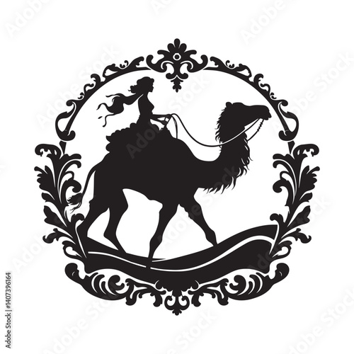 Elegant silhouette illustration featuring a woman gracefully riding a camel