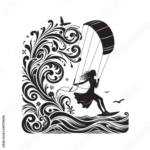 Elegant silhouette illustration of a woman kitesurfing with vintage ornamentation