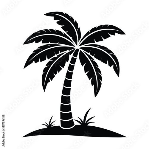 Single Black Palm Tree Silhouette, Tropical Nature Vector Illustration