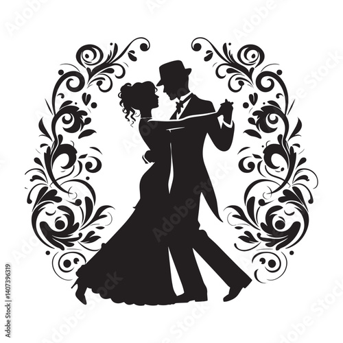 Elegant silhouette of a couple dancing surrounded by swirling floral motifs