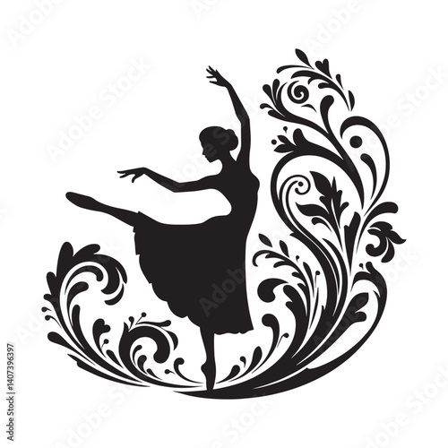 Elegant silhouette of a dancer amidst swirling floral ornaments display
