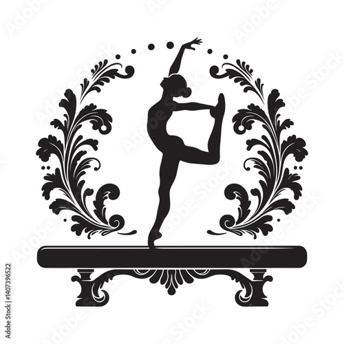 Elegant silhouette of a gymnast performing on balance beam in ornate frame