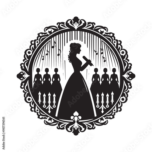Elegant silhouette of a female choir singing within a decorative frame