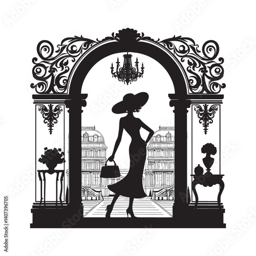 Elegant silhouette of a lady posing in couture fashion within a luxurious mansion