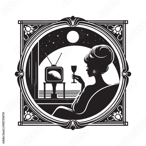 Elegant silhouette of a lady watching a moon landing on a vintage television