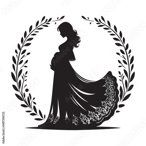 Elegant silhouette of a pregnant woman in a flowing gown illustration