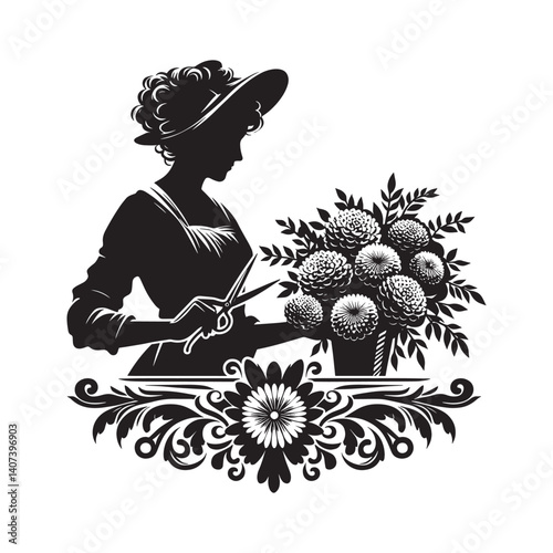 Elegant silhouette of a woman arranging a bouquet with ornate floral design